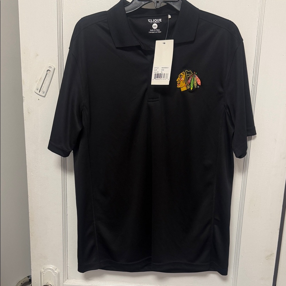 ModelCo Black Polo with Chicago Blackhawks embroidered patch with Modelo sleeve